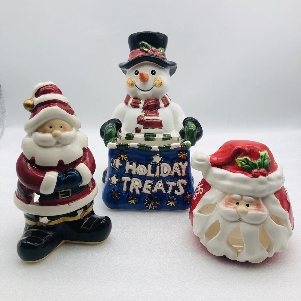 Santa tealight candle holder & Snowman Holiday Treats set Christmas decor 3 Pcs